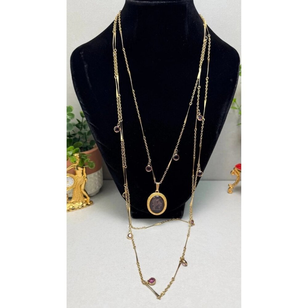 Vintage Goldette Necklace Purple Glass Intaglio Gladiator Pendant 30” Rare